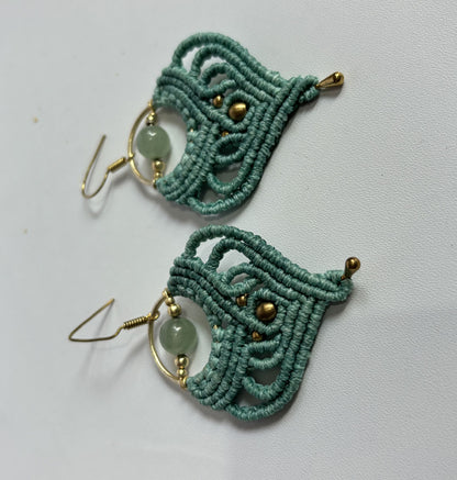 Macrame Dangle Golden Brass Earrings with Green Threads