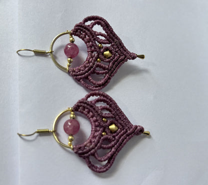 Macrame Dangle Golden Brass Earrings with Green Threads