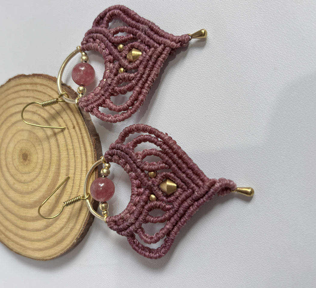 Macrame Dangle Golden Brass Earrings with Green Threads