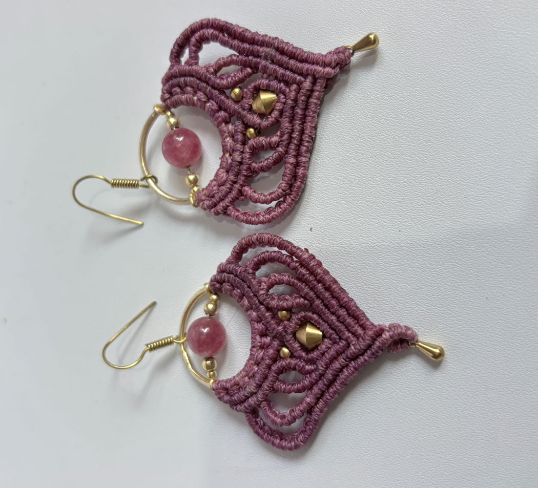 Macrame Dangle Golden Brass Earrings with Green Threads