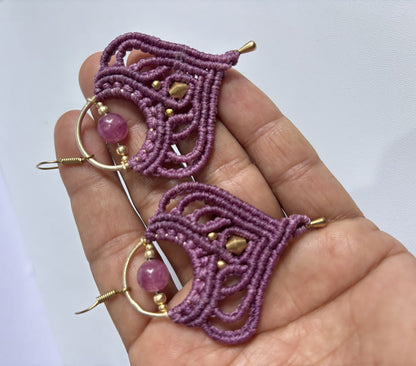 Macrame Dangle Golden Brass Earrings with Green Threads