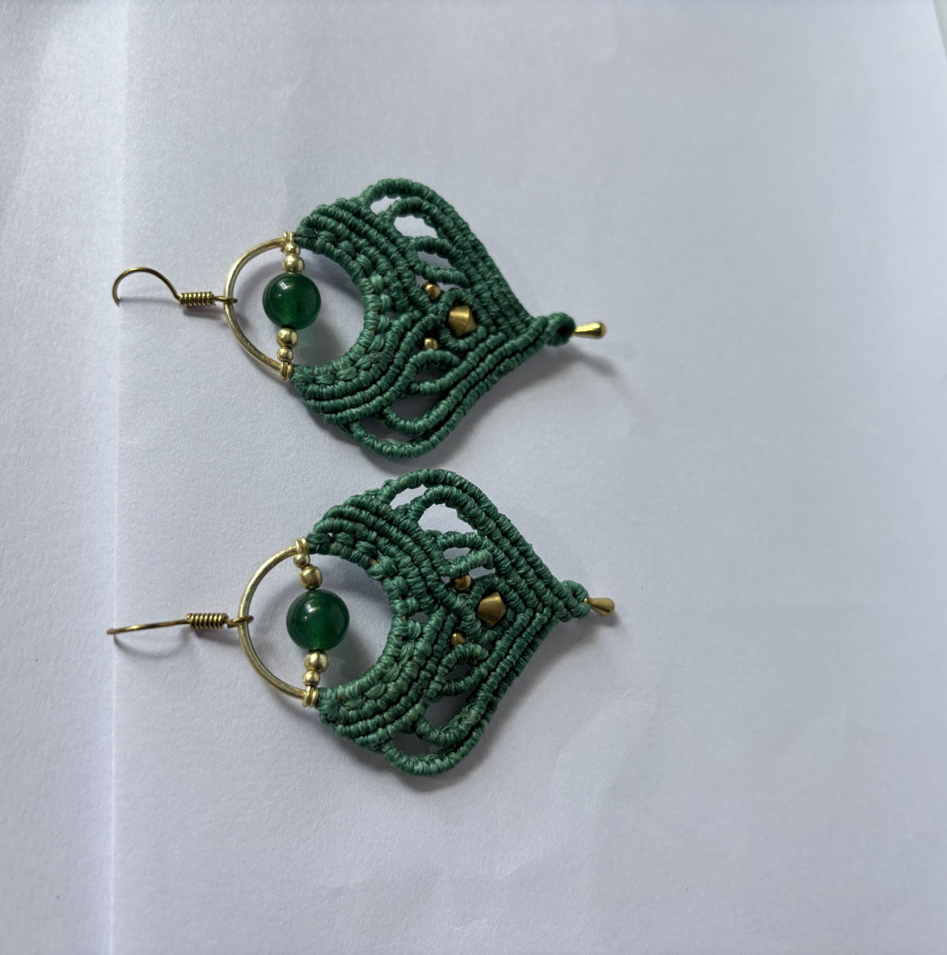 Macrame Dangle Golden Brass Earrings with Green Threads