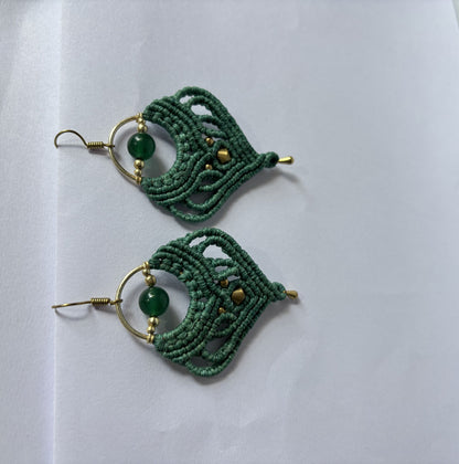 Macrame Dangle Golden Brass Earrings with Green Threads