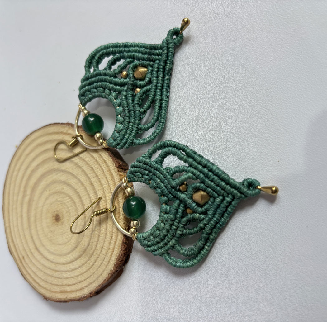 Macrame Dangle Golden Brass Earrings with Green Threads