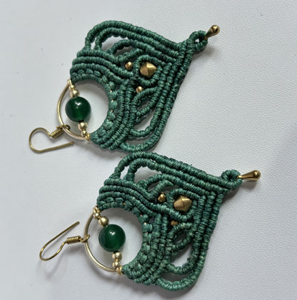 Macrame Dangle Golden Brass Earrings with Green Threads