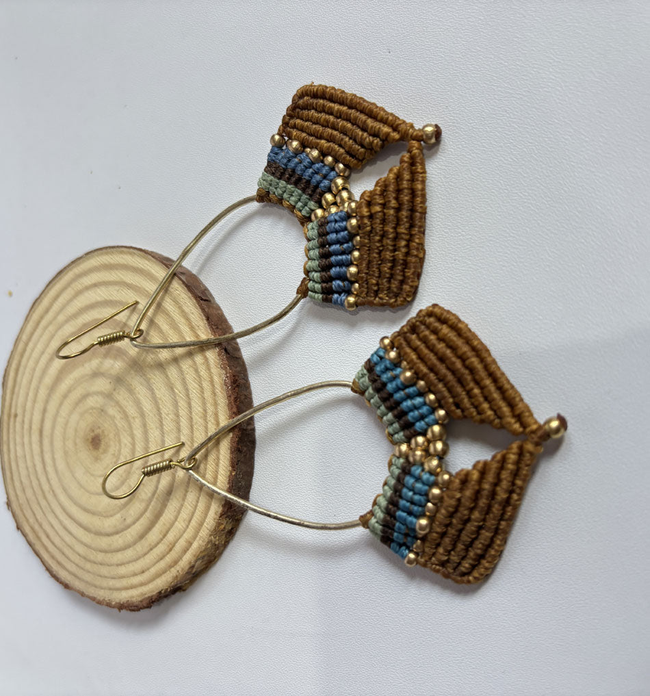 Macrame Dangle Brass Earrings Handmade Mixed Color