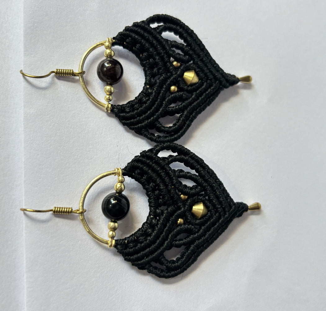 Macrame Dangle Golden Brass Earrings with Black Threads