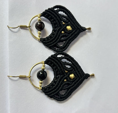 Macrame Dangle Golden Brass Earrings with Black Threads
