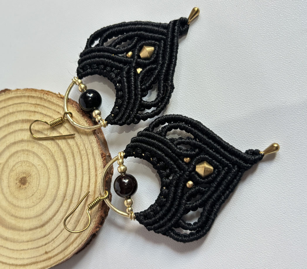 Macrame Dangle Golden Brass Earrings with Black Threads