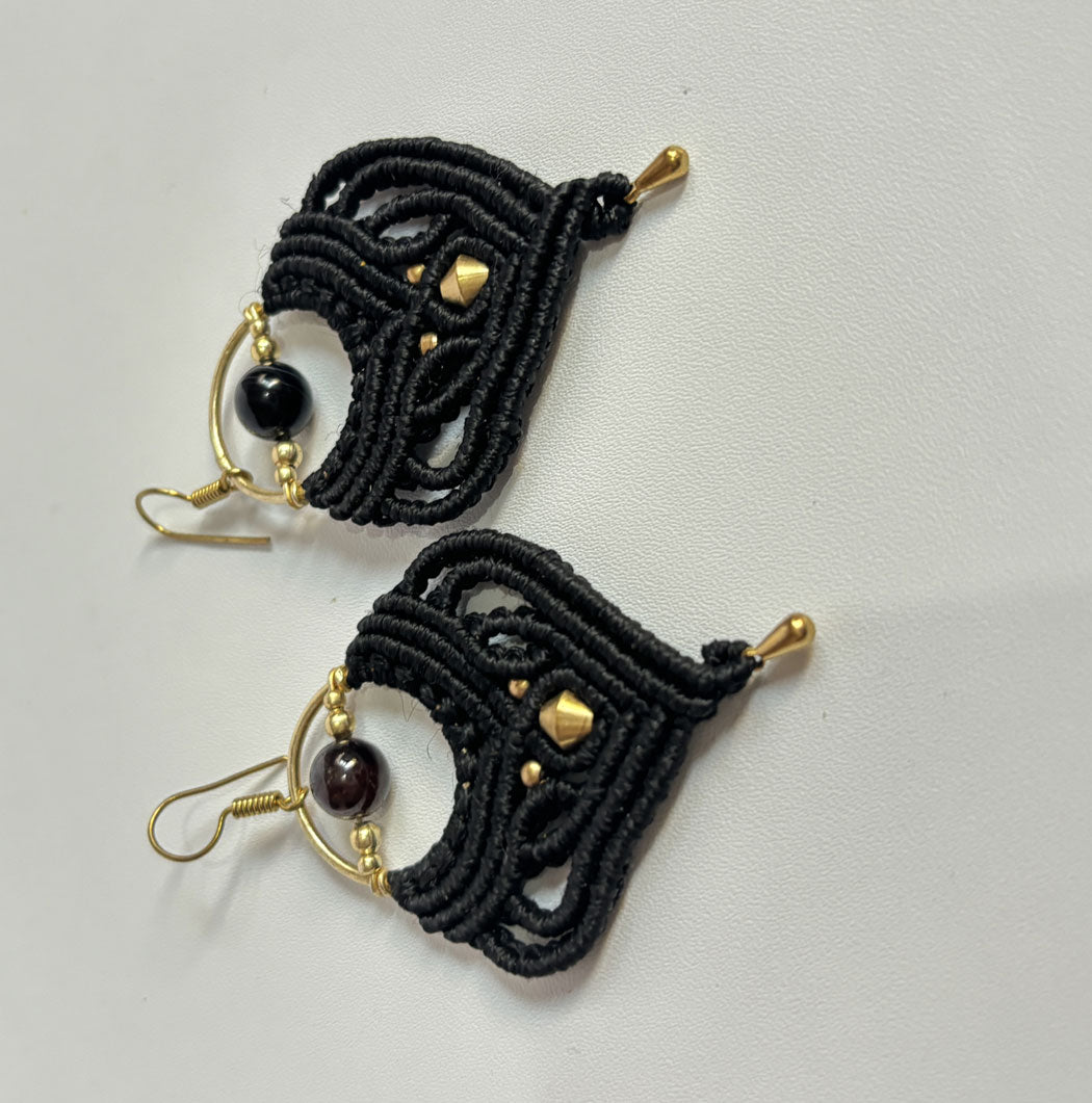 Macrame Dangle Golden Brass Earrings with Black Threads