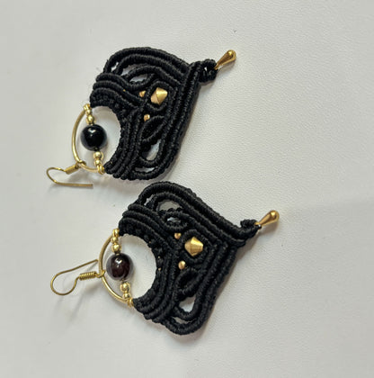 Macrame Dangle Golden Brass Earrings with Black Threads