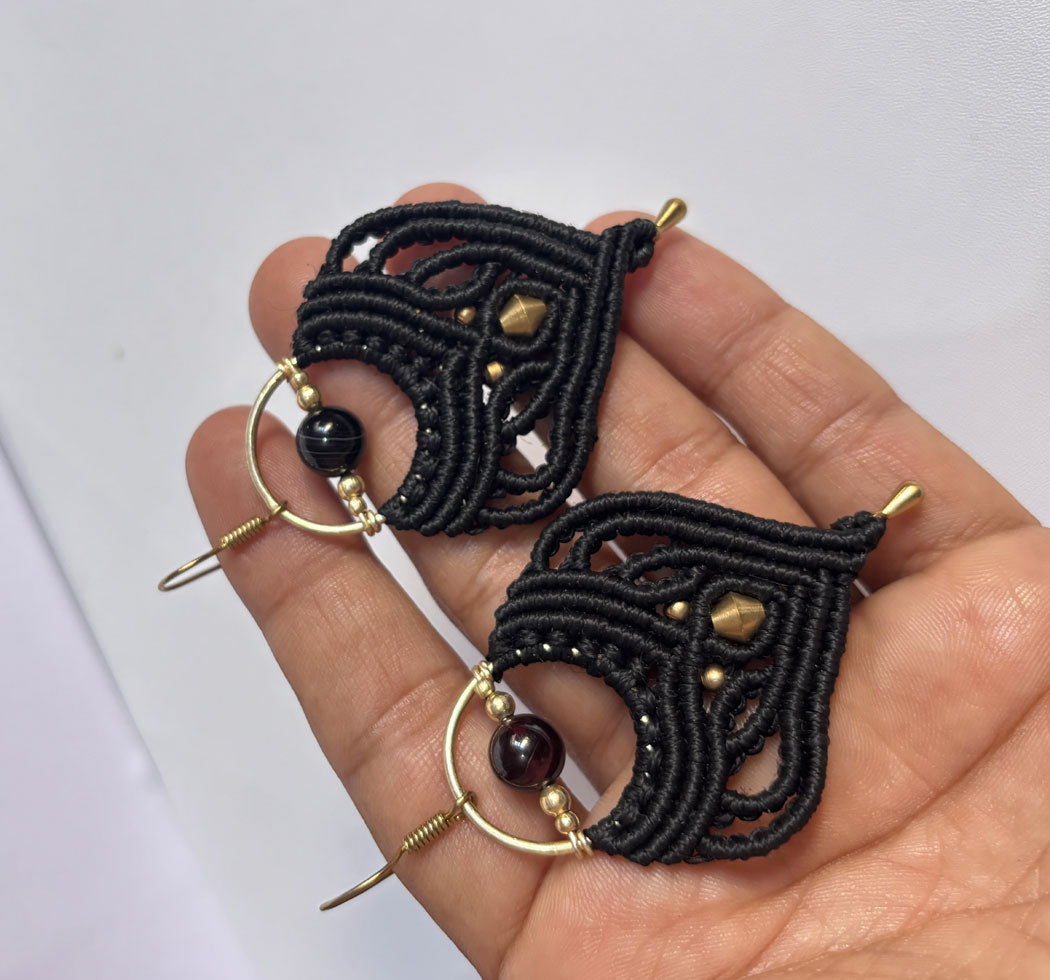 Macrame Dangle Golden Brass Earrings with Black Threads