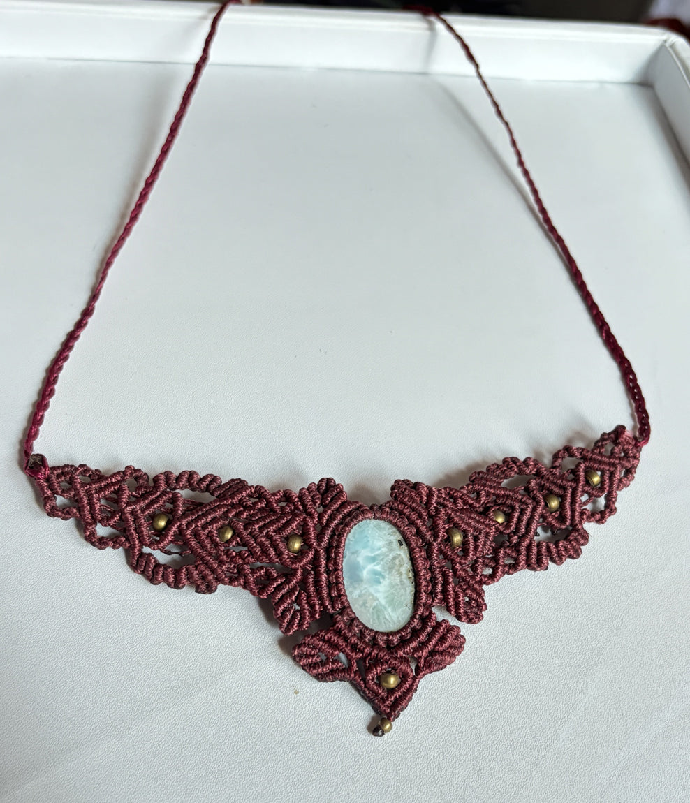 Handmade Macrame Necklace Stone Size 25To30MM Oval Shape Larimar Gemstone Green Color Threads Necklace For Women And Girl's Jewelry