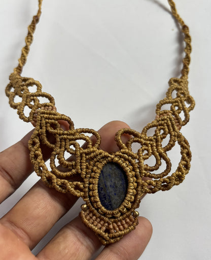 Handmade Macrame Necklace Stone Size 25To30MM Oval Shape Lapis Lazuli Gemstone Green Color Threads Necklace For Women And Girl's Jewelry