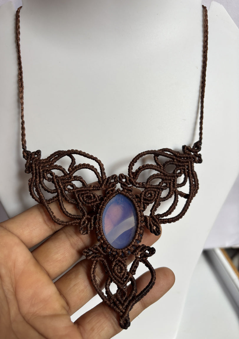 Handmade Macrame Necklace Stone Size 25To30MM Oval Shape Opalite Gemstone Purple Color Threads Necklace For Women And Girl's Jewelry