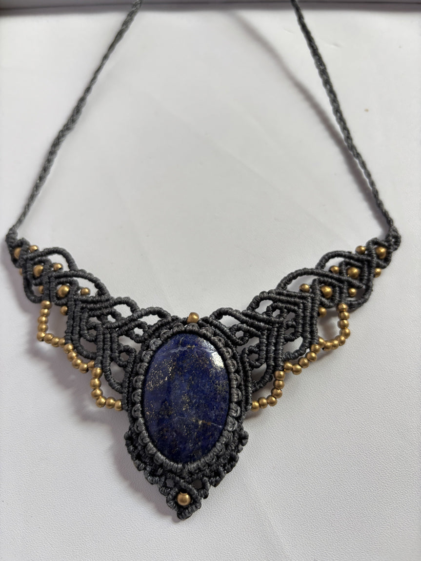 Handmade Macrame Necklace Stone Size 25To30MM Oval Shape Lapis Lazuli Gemstone Golden Color Beads Purple Color Threads Necklace For Women And Girl's Jewelry