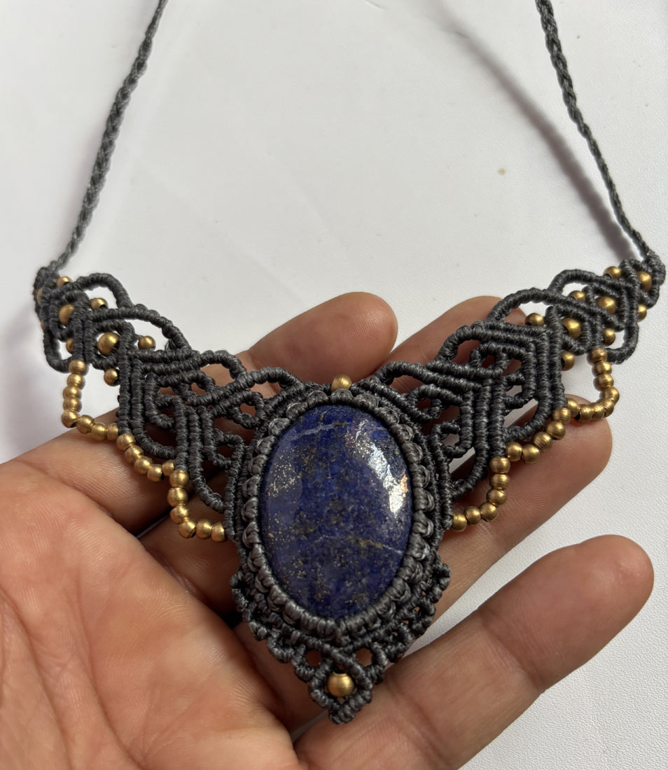 Handmade Macrame Necklace Stone Size 25To30MM Oval Shape Lapis Lazuli Gemstone Golden Color Beads Purple Color Threads Necklace For Women And Girl's Jewelry