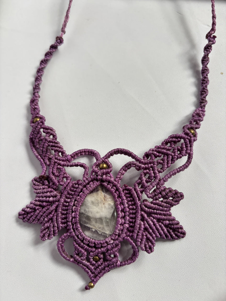 Trendy Handmade Macrame Necklace Stone Size 25To30MM Round Shape Amethyst Lace Agate Gemstone Beads Purple Color Threads Necklace For Women And Girl's Jewelry