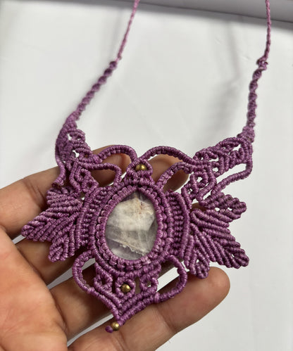 Trendy Handmade Macrame Necklace Stone Size 25To30MM Round Shape Amethyst Lace Agate Gemstone Beads Purple Color Threads Necklace For Women And Girl's Jewelry