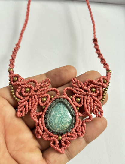 Trendy Handmade Macrame Necklace Stone Size 25To30MM Pear Shape Amazonite Gemstone Beads White Green Color Threads Necklace For Women And Girl's Jewelry