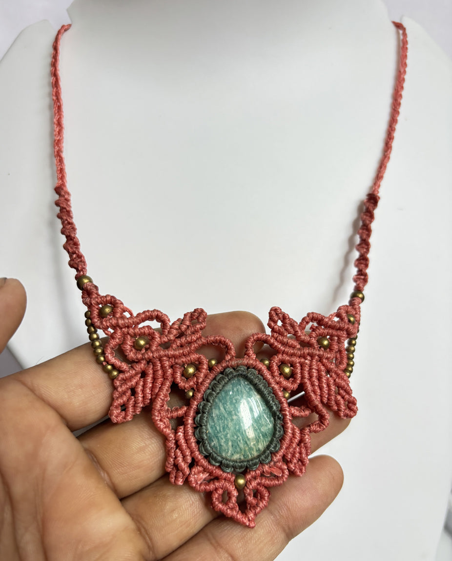 Trendy Handmade Macrame Necklace Stone Size 25To30MM Pear Shape Amazonite Gemstone Beads White Green Color Threads Necklace For Women And Girl's Jewelry