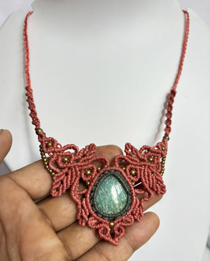 Trendy Handmade Macrame Necklace Stone Size 25To30MM Pear Shape Amazonite Gemstone Beads White Green Color Threads Necklace For Women And Girl's Jewelry