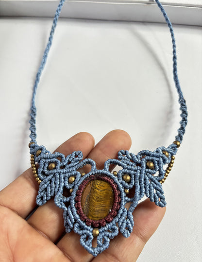 Trendy Handmade Macrame Necklace Stone Size 25To30MM Round Shape Tiger Eye Gemstone Beads Purple Color Threads Bezel Set Necklace For Women And Girl's Jewelry (Copy)