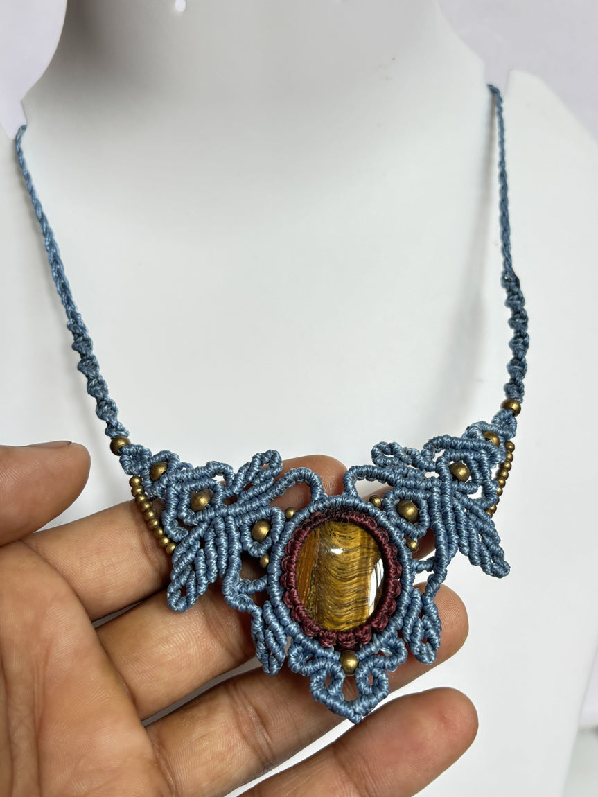 Trendy Handmade Macrame Necklace Stone Size 25To30MM Round Shape Tiger Eye Gemstone Beads Purple Color Threads Bezel Set Necklace For Women And Girl's Jewelry (Copy)