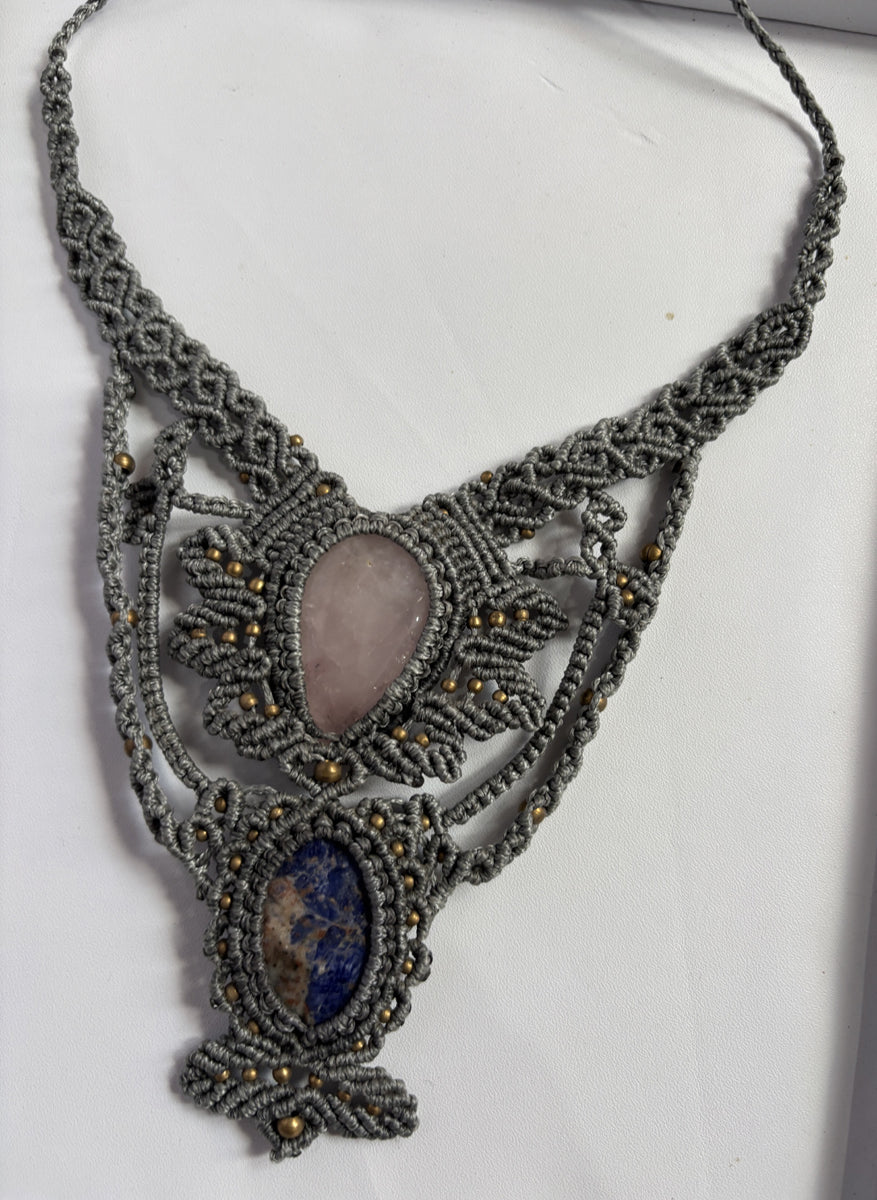 Handmade Macrame Oval Pear Rose Quartz & Lapis Lazuli Necklace