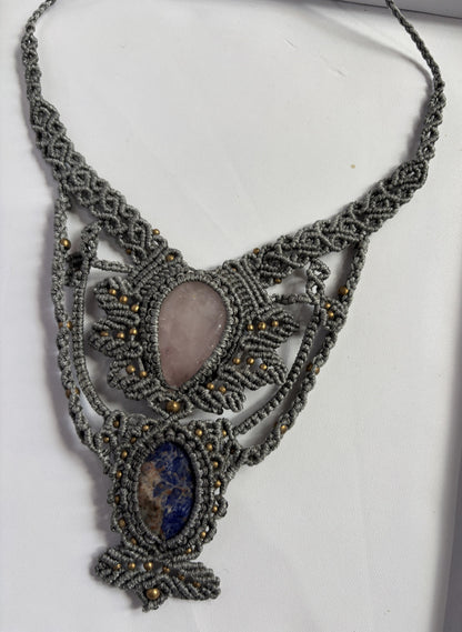 Handmade Macrame Oval Pear Rose Quartz & Lapis Lazuli Necklace