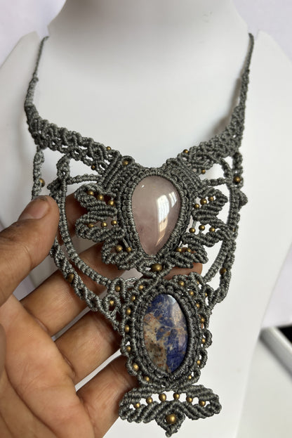 Handmade Macrame Oval Pear Rose Quartz & Lapis Lazuli Necklace