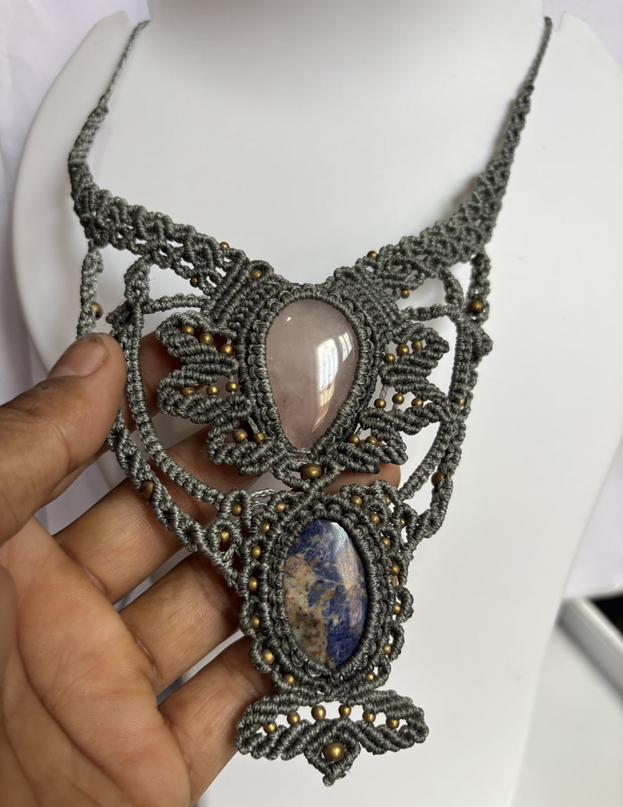 Handmade Macrame Oval Pear Rose Quartz & Lapis Lazuli Necklace