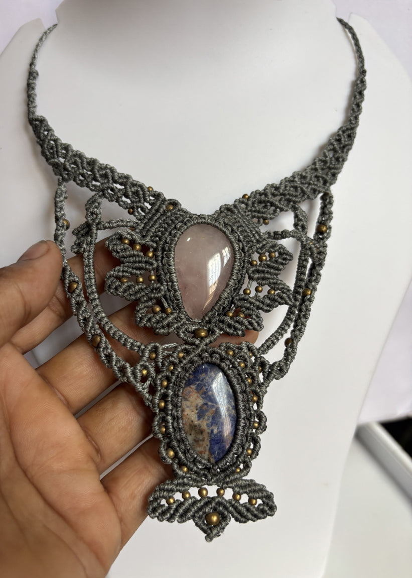 Handmade Macrame Oval Pear Rose Quartz & Lapis Lazuli Necklace