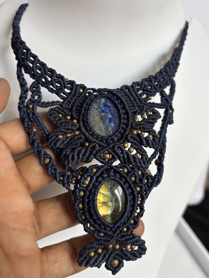 Macrame Labradorite & Tiger Eye Oval Necklace | Green Threads