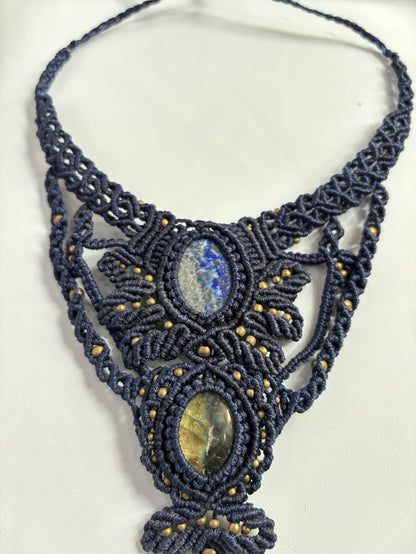 Macrame Labradorite & Tiger Eye Oval Necklace | Green Threads