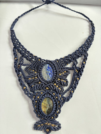 Macrame Labradorite & Tiger Eye Oval Necklace | Green Threads