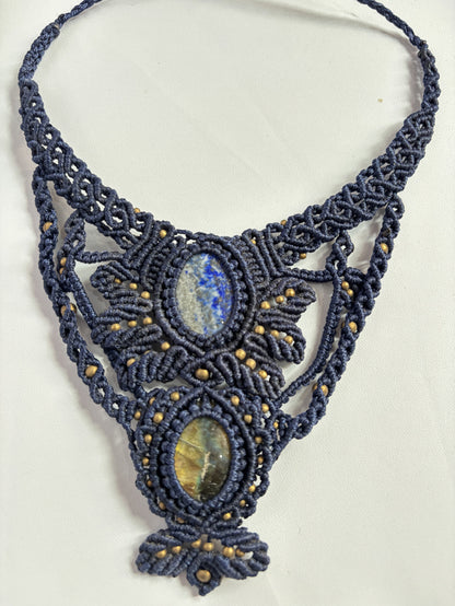 Macrame Labradorite & Tiger Eye Oval Necklace | Green Threads