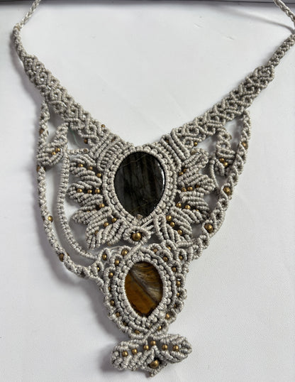 Macrame Labradorite & Tiger Eye Oval Necklace 20–25MM