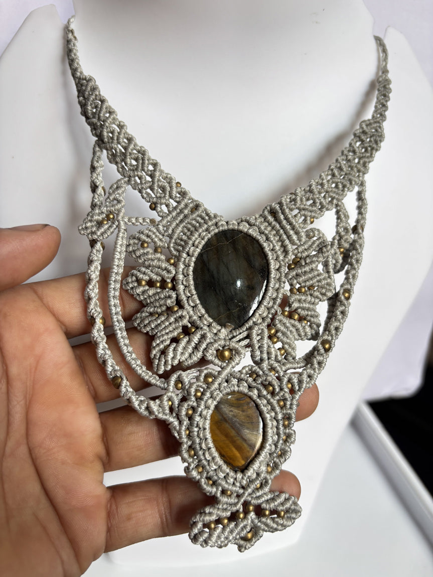 Macrame Labradorite & Tiger Eye Oval Necklace 20–25MM