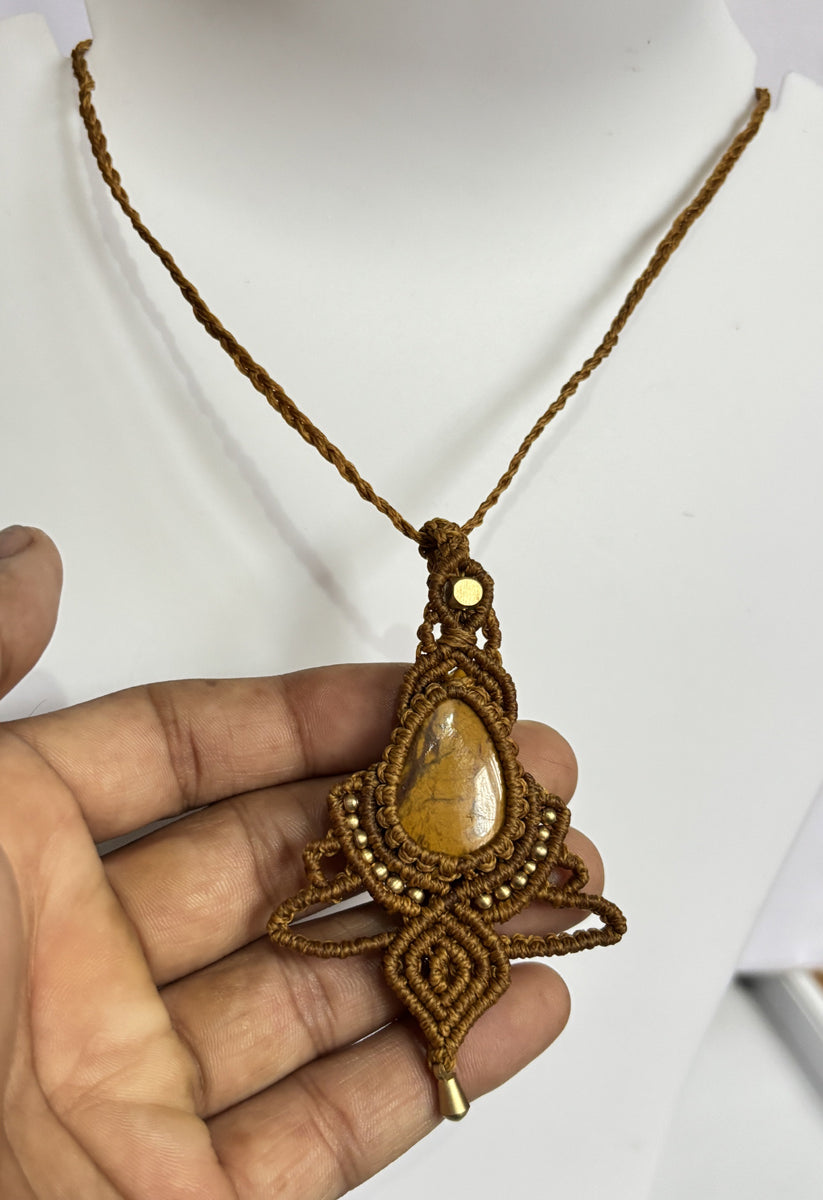 Trendy Crafted By Hand Macrame Necklace Stone Size 20To25MM Pear Shape Tiger Eyes Gemstone Beads Golden Color Threads Bezel Set Necklace For Women And Girl's Jewelry