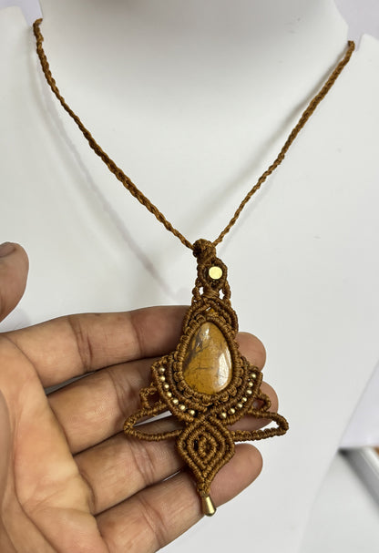 Trendy Crafted By Hand Macrame Necklace Stone Size 20To25MM Pear Shape Tiger Eyes Gemstone Beads Golden Color Threads Bezel Set Necklace For Women And Girl's Jewelry