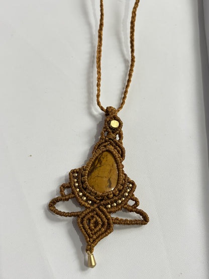 Trendy Crafted By Hand Macrame Necklace Stone Size 20To25MM Pear Shape Tiger Eyes Gemstone Beads Golden Color Threads Bezel Set Necklace For Women And Girl's Jewelry