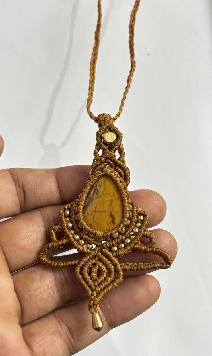 Trendy Crafted By Hand Macrame Necklace Stone Size 20To25MM Pear Shape Tiger Eyes Gemstone Beads Golden Color Threads Bezel Set Necklace For Women And Girl's Jewelry