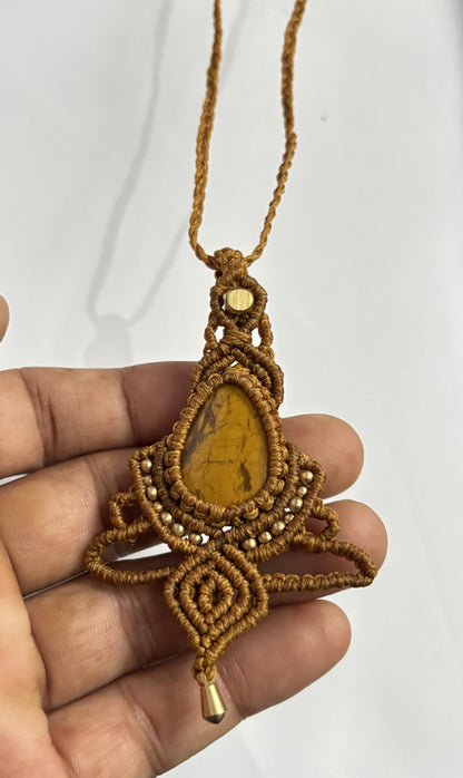 Trendy Crafted By Hand Macrame Necklace Stone Size 20To25MM Pear Shape Tiger Eyes Gemstone Beads Golden Color Threads Bezel Set Necklace For Women And Girl's Jewelry