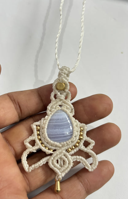 Trendy Crafted By Hand Macrame Necklace Stone Size 20To25MM Pear Shape Blue Lace Agate Gemstone Beads White Color Threads Bezel Set Necklace For Women And Girl's Jewelry