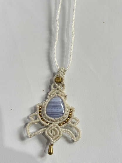 Trendy Crafted By Hand Macrame Necklace Stone Size 20To25MM Pear Shape Blue Lace Agate Gemstone Beads White Color Threads Bezel Set Necklace For Women And Girl's Jewelry