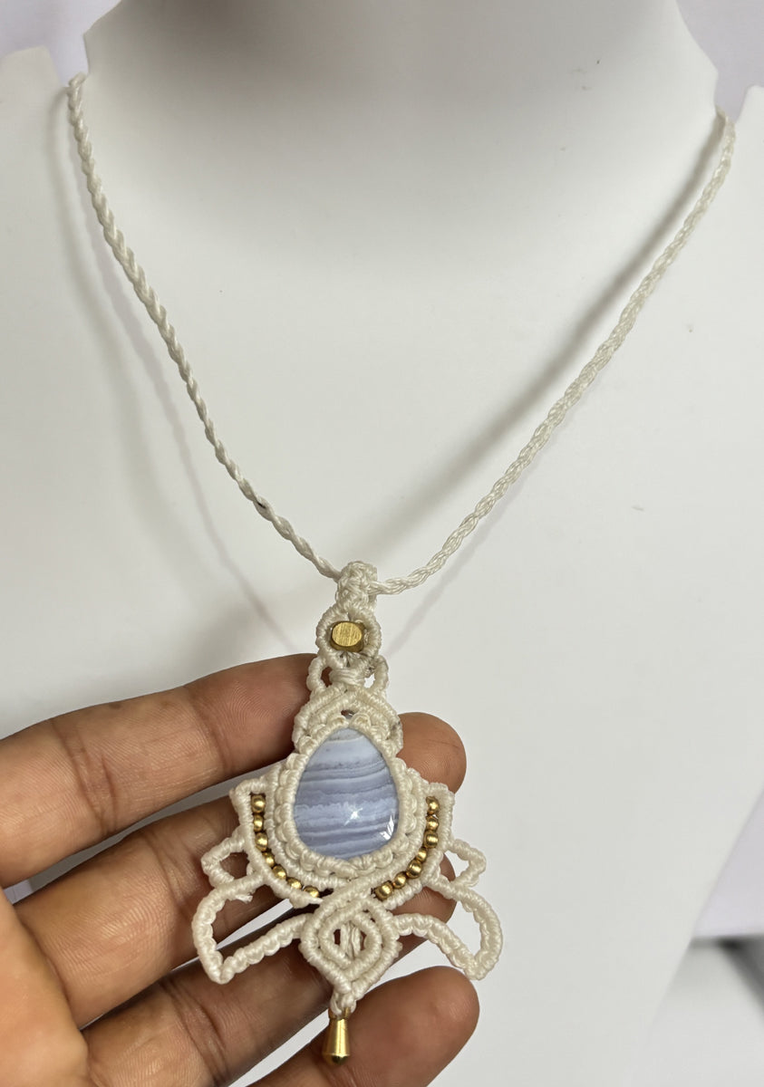 Trendy Crafted By Hand Macrame Necklace Stone Size 20To25MM Pear Shape Blue Lace Agate Gemstone Beads White Color Threads Bezel Set Necklace For Women And Girl's Jewelry