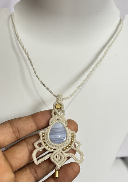 Trendy Crafted By Hand Macrame Necklace Stone Size 20To25MM Pear Shape Blue Lace Agate Gemstone Beads White Color Threads Bezel Set Necklace For Women And Girl's Jewelry