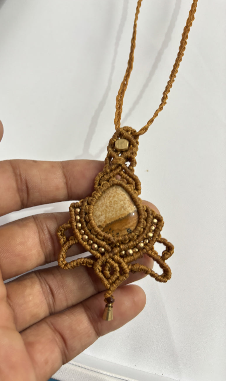 Trendy Crafted By Hand Macrame Necklace Stone Size 20To25MM Heart Shape imperial Jasper Gemstone Beads Golden Color Threads Bezel Set Necklace For Women And Girl's Jewelry