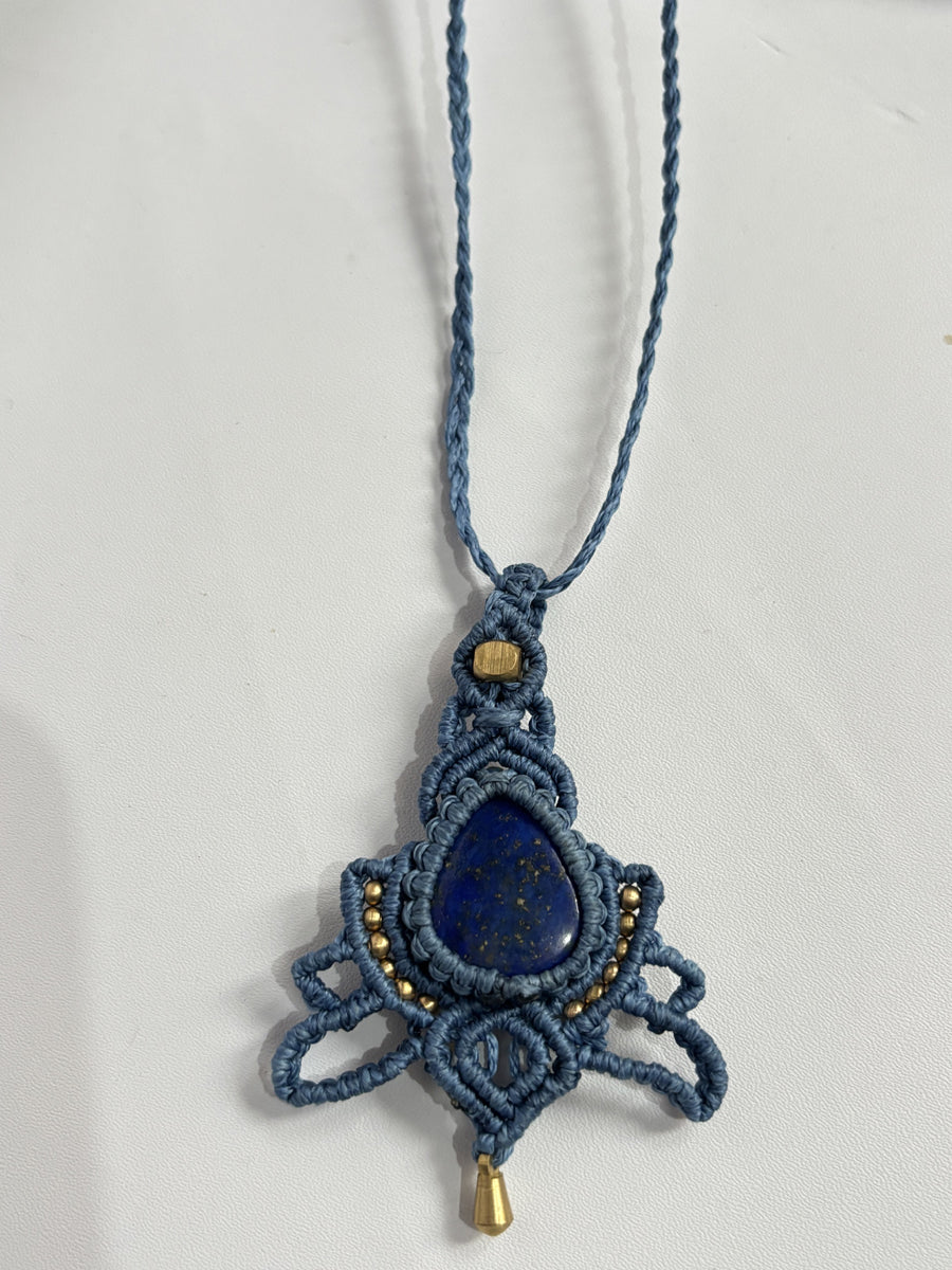 Trendy Crafted By Hand Macrame Necklace Stone Size 20To25MM Pear Shape Lapis Lazuli Gemstone Beads Purple Color Threads Bezel Set Necklace For Women And Girl's Jewelry